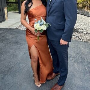 Azazie Copper One-Shoulder Satin Wedding Dress